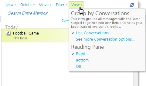 view drop-down menu that can change the view of the reading pane