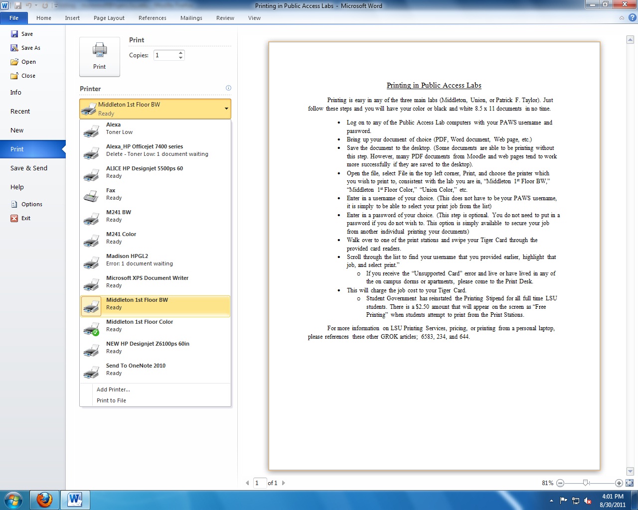 the print preview screen in Microsoft word