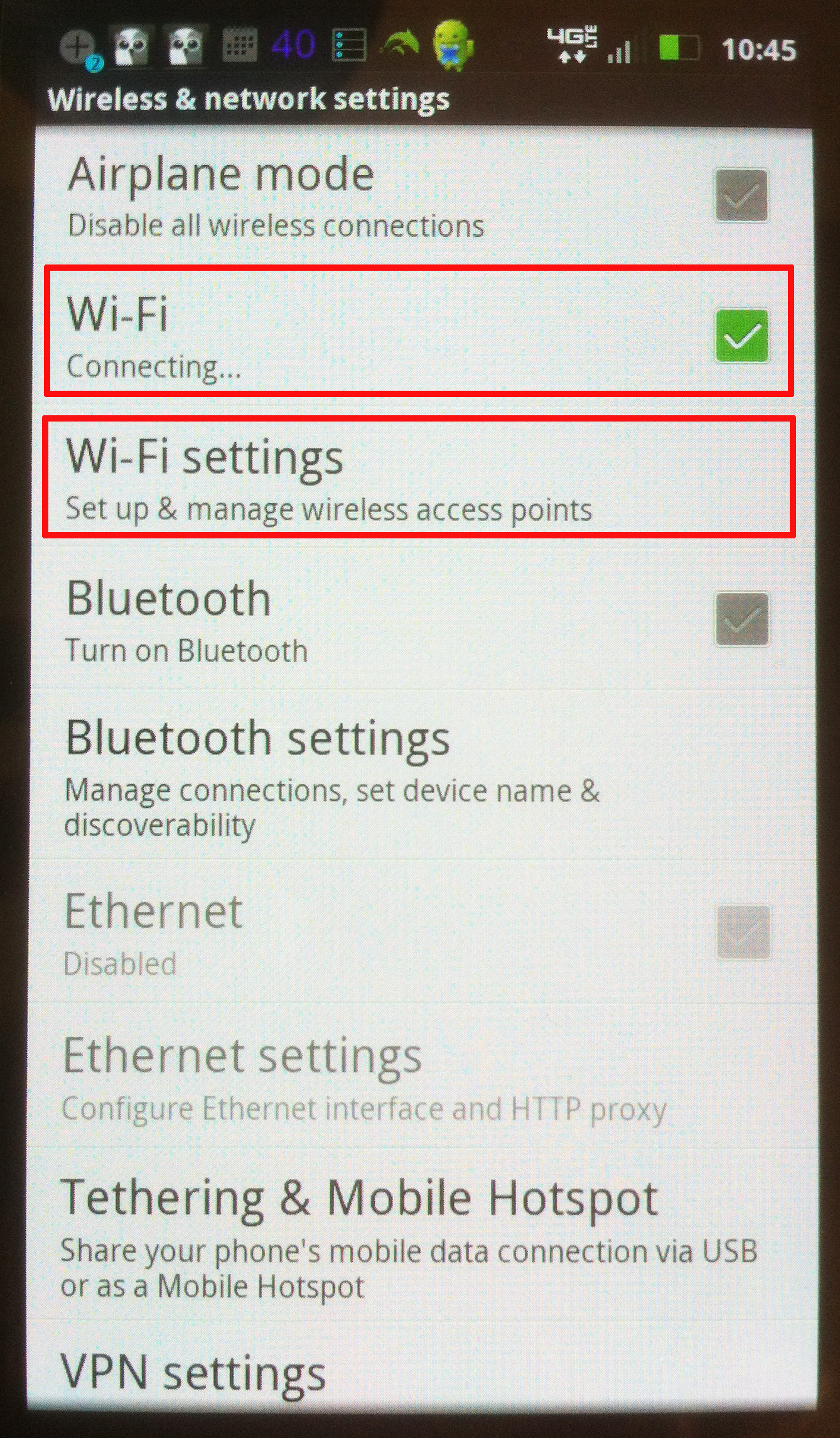  wi-fi, and Wi-fi settings buttons inside the wireless and network settings. 