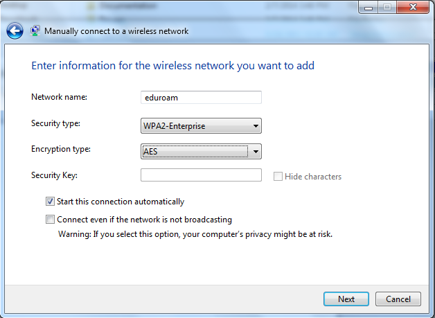 Entering in the wireless security information