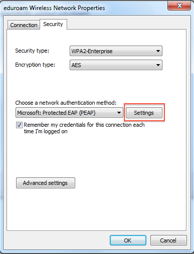 the security tab in the Network Properties window
