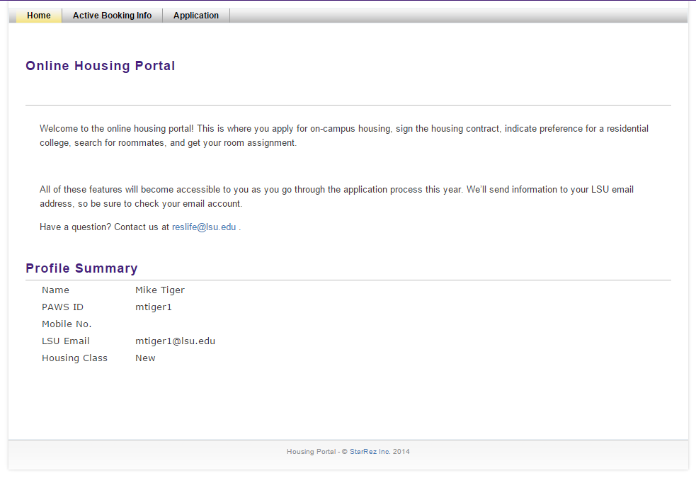 showing the Residential life online housing portal