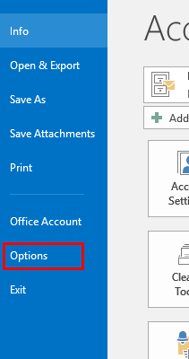 Options tab on the file menu