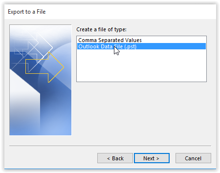 "Outlook Data File" option in the create File Type window.