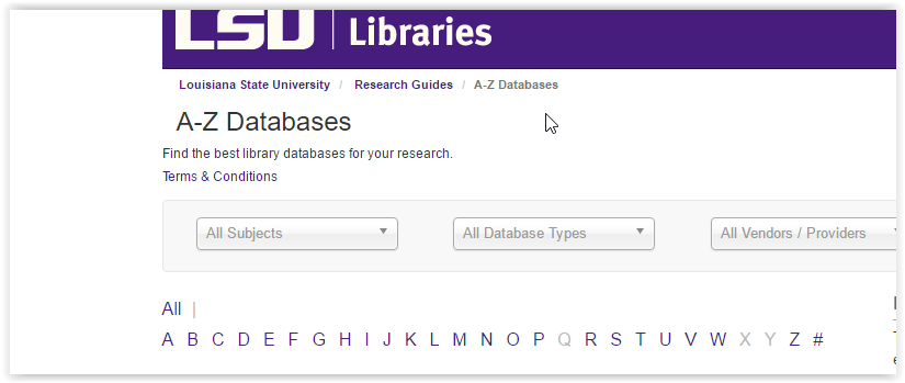Window showing LSU Library Databases