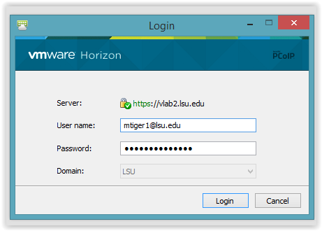vmware log in window