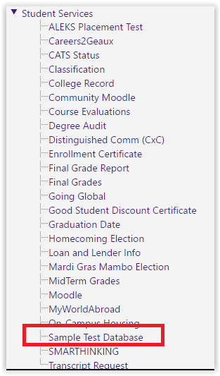 sample test database link highlighted