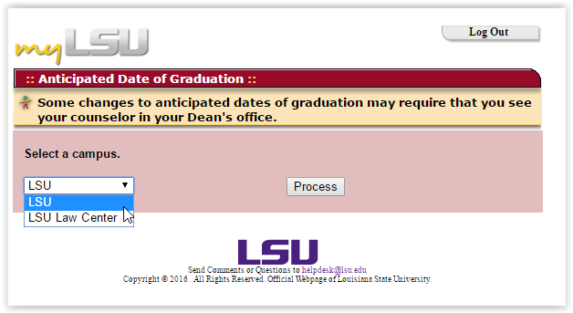 anticipated Graduation Date page, choosing a campus