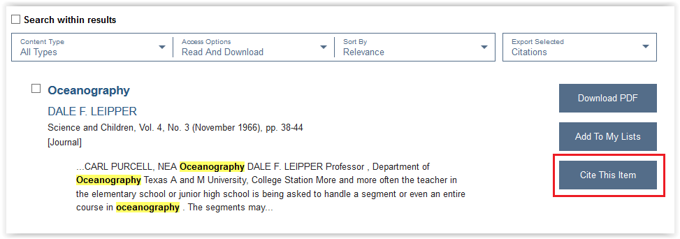 cite this item button on list of articles