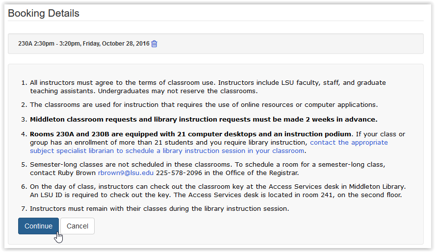 classroom booking details