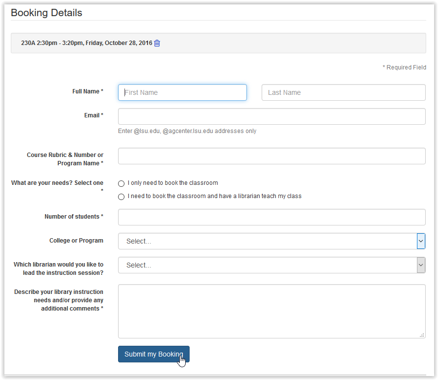 submit classroom booking