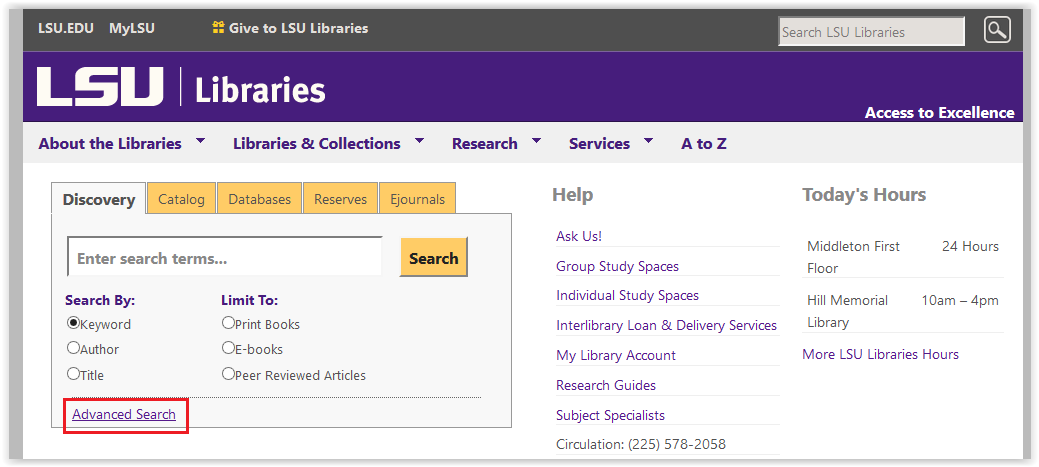 advanced search button in lsu library page