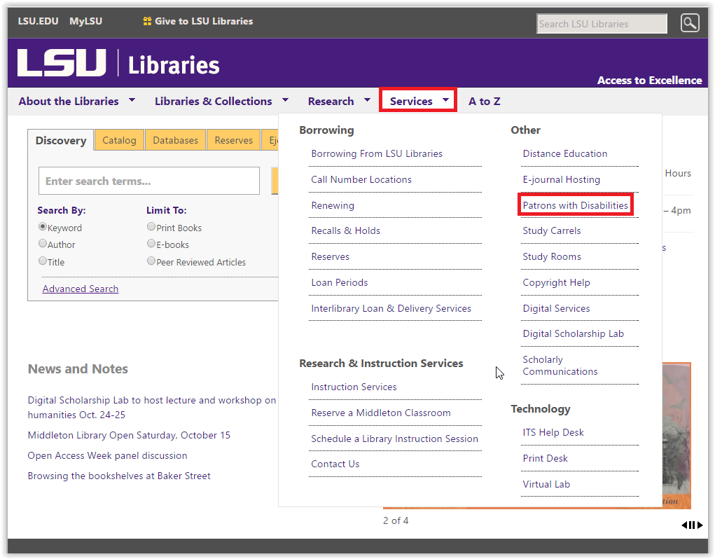 clicking onPatrons with Disabilities in services tab