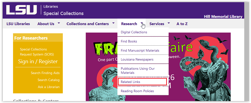 opening the Related links of LSU special collections