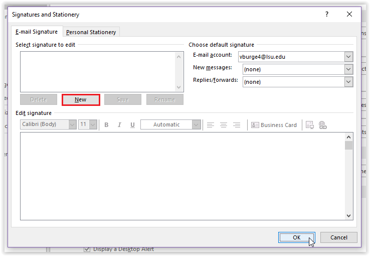 New signature option in the Signature and Stationary window