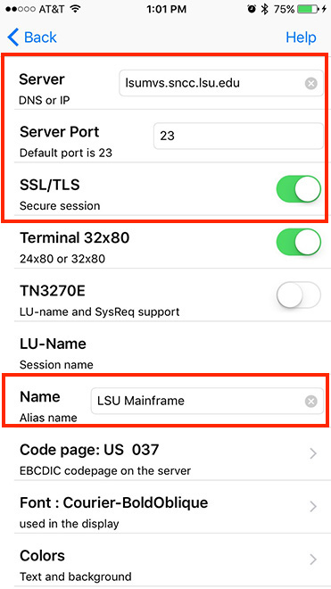 Tn 3270 Emulator with necessary fields filled in.