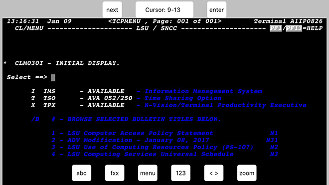 TN 3270 emulator with LSU mainframe screen shown.