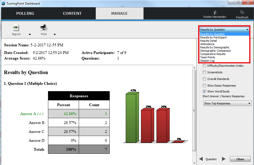 the participant results screen with data display options at top right