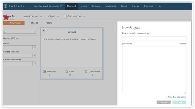 creating new project in tableau server