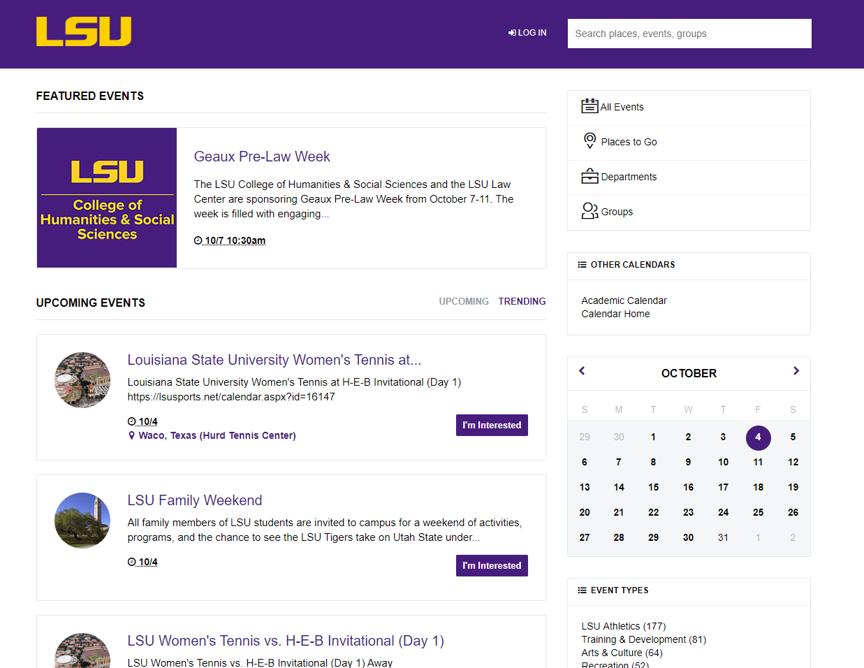 LSU Calendar web page