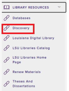 myLSU Discovery link on the library resources drop-down menu