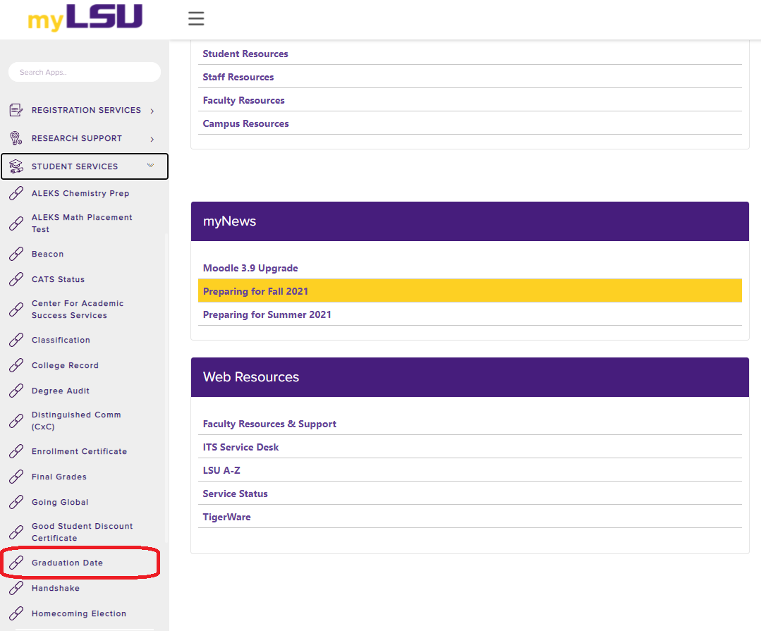 graduation date link in myLSU students services