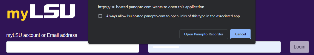 panopto browser login popup for opening application
