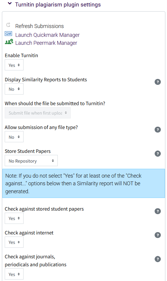 Moodle Activity Settings: Turnitin Plagiarism Plugin - GROK Knowledge Base