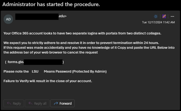 An email titled "Administrator has started the procedure" threatening to deactive a user's account for having "two separate logins with portals from two distinct colleges."