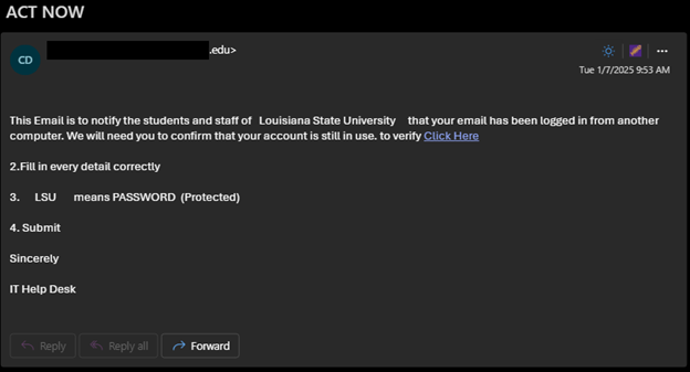 An email with subject "ACT NOW" asking user to click a link to "confirm that your account is still in use."
