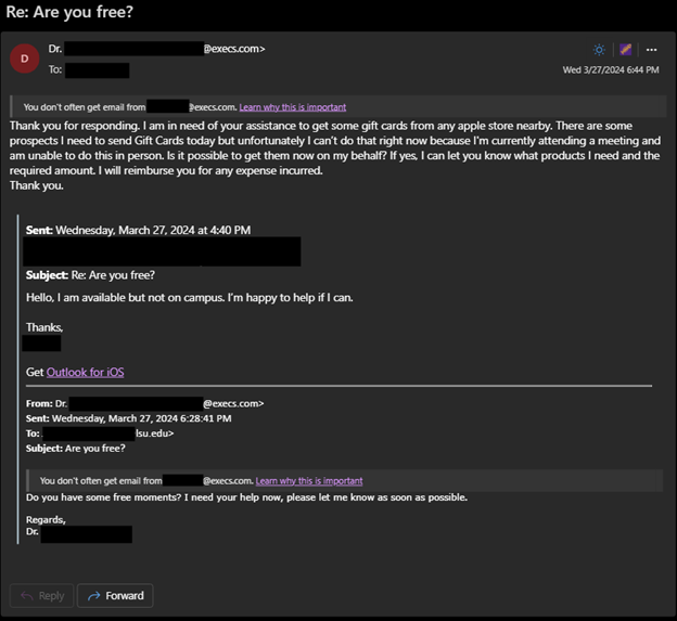 A message thread with subject "Re: Are you free?" A user responded to an impersonated request; the attacker asks "...get some gift cards from any apple store right now"