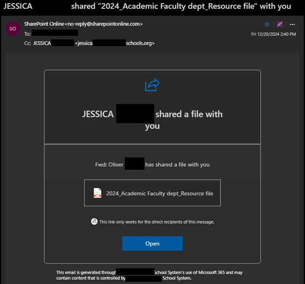 An email titled "Jessica shared '2024_Academic Faculty dept_Resource file' with you" from sharepointonline. The contents of the message say "Fwd: Oliver has shared a file with you." The message legitimately links to OneDrive.