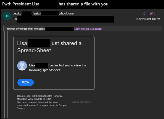 An email titled "Fwd: President Lisa has shared a file with you." The message is from a user named Jessica. The message contains a link to a google doc.