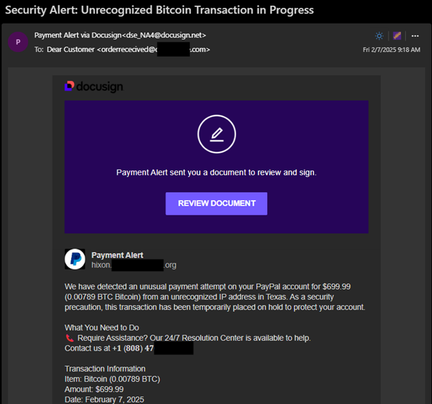 A legitimate email from Docusign.net titled "Security Alert: Unrecognized Bitcoin Transaction in Progress." The email contains contact information to call the scammer to "resolve" the unusual activity.