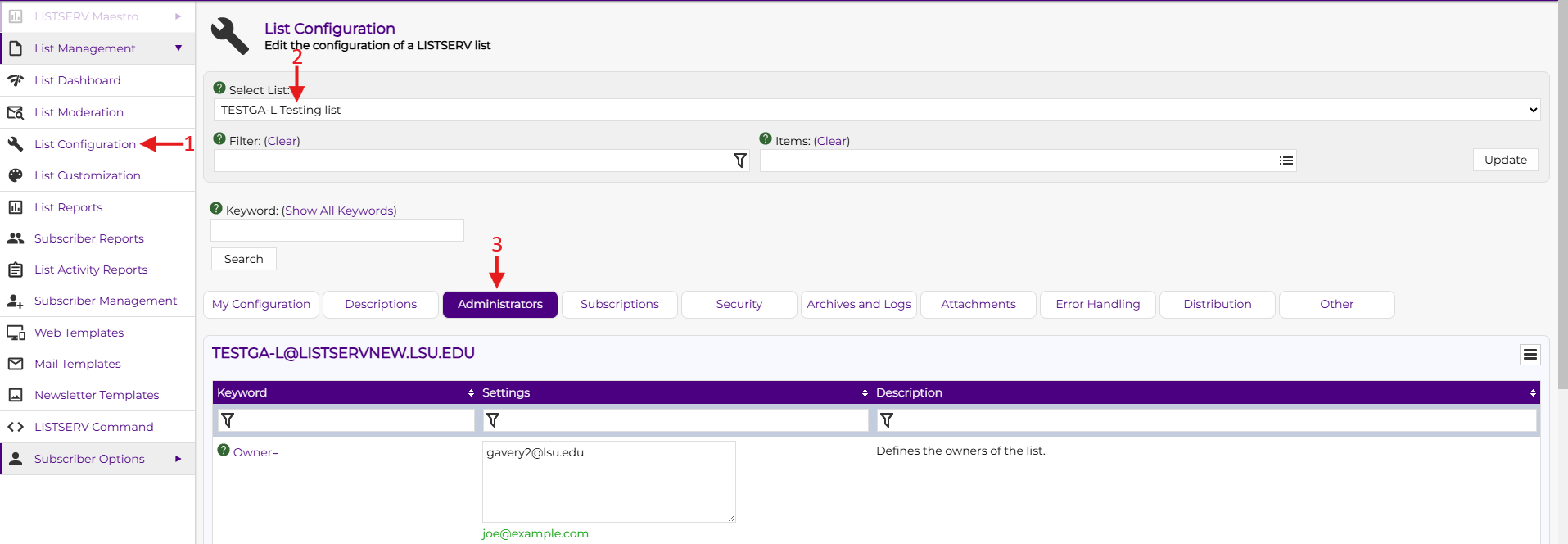 List configuration settings