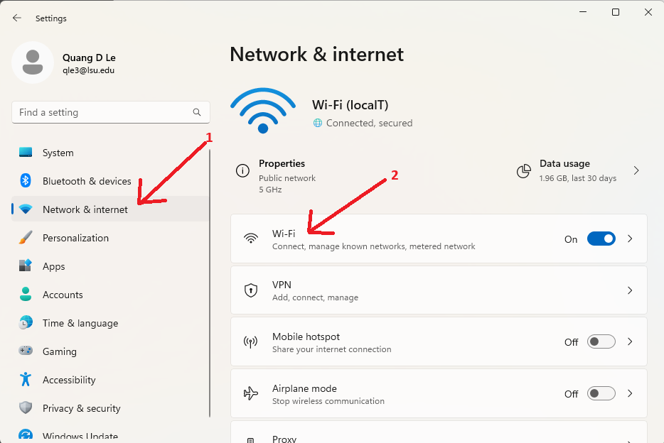 settings window with network & internet and wifi options highlighted