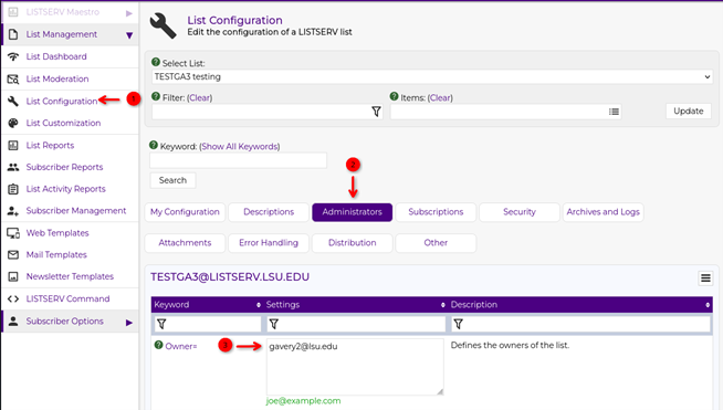 administrators tab, admin list, and update button
